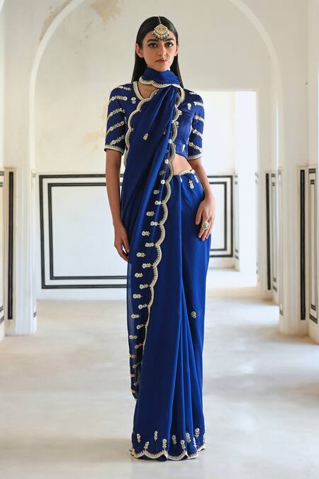 Shop_EASE_Blue Crepe Sequins, Zari Asymmetric Scallop Border Embroidered Saree Set _Online_at_Aza_Fashions