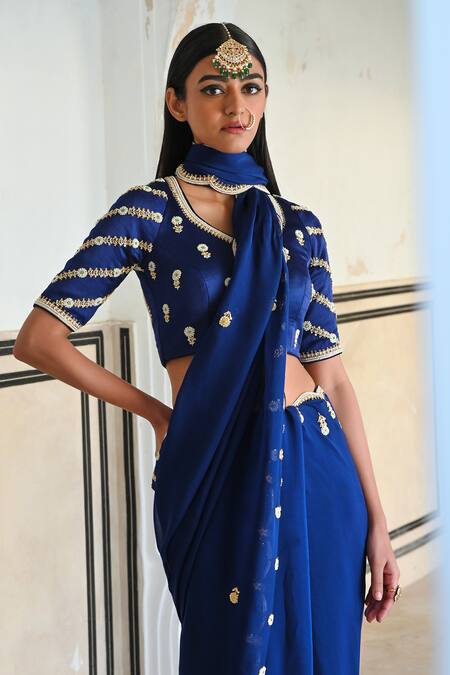 EASE_Blue Crepe Sequins, Zari Asymmetric Scallop Border Embroidered Saree Set _at_Aza_Fashions