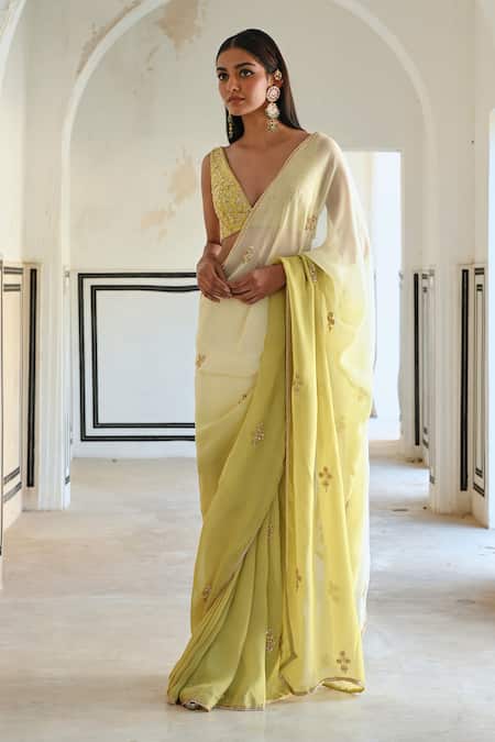 EASE_Ivory Viscose, Silk Zari, Sequins V-neck Ombre Embroidered Saree Set _Online_at_Aza_Fashions