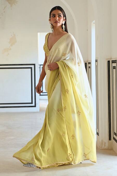 Buy_EASE_Ivory Viscose, Silk Zari, Sequins V-neck Ombre Embroidered Saree Set _Online_at_Aza_Fashions