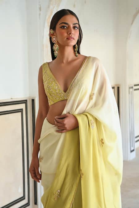 Shop_EASE_Ivory Viscose, Silk Zari, Sequins V-neck Ombre Embroidered Saree Set _Online_at_Aza_Fashions