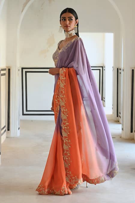 EASE_Purple Silk, Viscose, Organza, Satin Floral Jaal Border Embroidered Saree Set _Online_at_Aza_Fashions