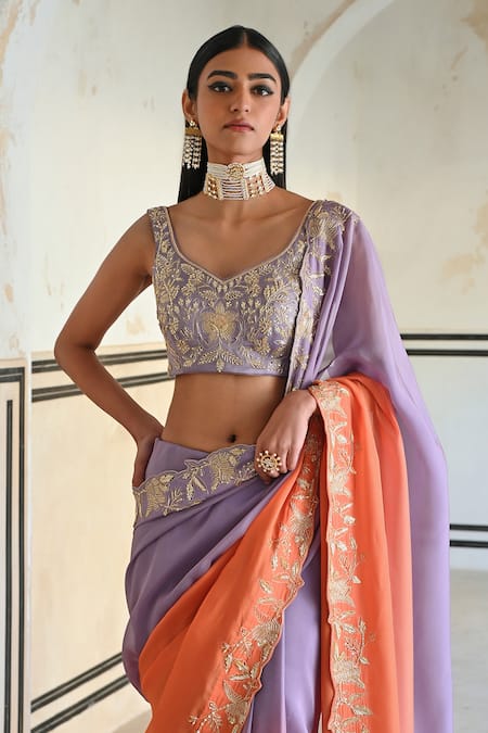 Buy_EASE_Purple Silk, Viscose, Organza, Satin Floral Jaal Border Embroidered Saree Set _Online_at_Aza_Fashions
