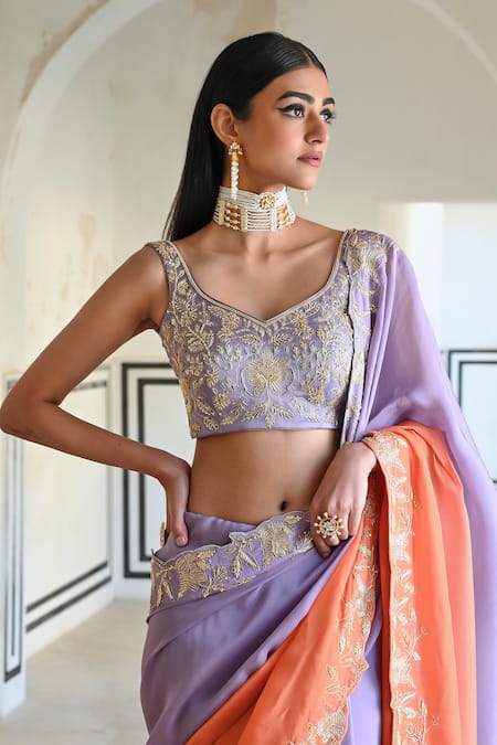 Shop_EASE_Purple Silk, Viscose, Organza, Satin Floral Jaal Border Embroidered Saree Set _Online_at_Aza_Fashions