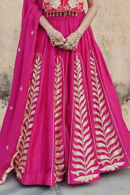 EASE_Fuchsia Silk, Viscose Embroidery Square Neck Patchwork Lehenga Set _Online_at_Aza_Fashions
