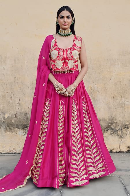 Buy_EASE_Fuchsia Silk, Viscose Embroidery Square Neck Patchwork Lehenga Set _Online_at_Aza_Fashions