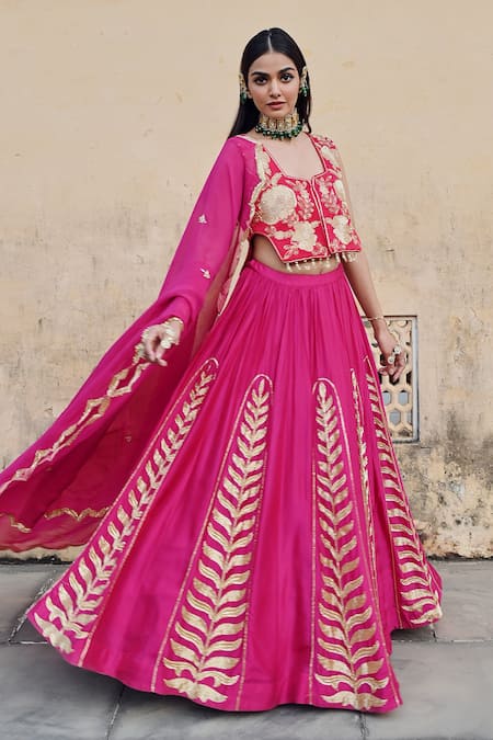 Shop_EASE_Fuchsia Silk, Viscose Embroidery Square Neck Patchwork Lehenga Set _Online_at_Aza_Fashions