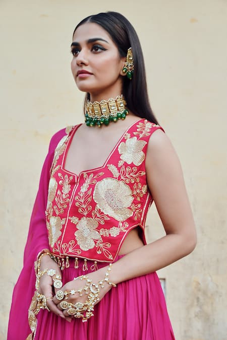 EASE_Fuchsia Silk, Viscose Embroidery Square Neck Patchwork Lehenga Set _at_Aza_Fashions