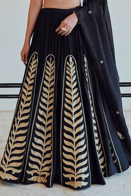 EASE_Black Silk, Viscose Patchwork, Embroidery Asymmetric Leaf Lehenga Set _Online_at_Aza_Fashions