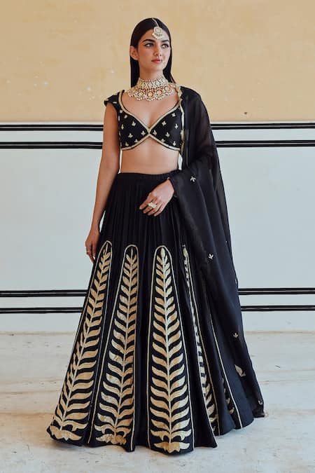 Buy_EASE_Black Silk, Viscose Patchwork, Embroidery Asymmetric Leaf Lehenga Set _Online_at_Aza_Fashions