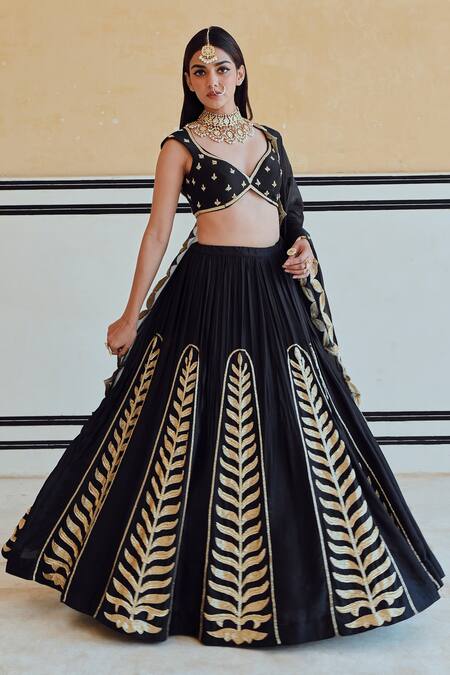 Shop_EASE_Black Silk, Viscose Patchwork, Embroidery Asymmetric Leaf Lehenga Set _Online_at_Aza_Fashions