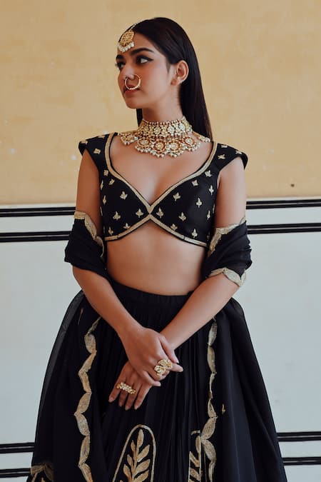 EASE_Black Silk, Viscose Patchwork, Embroidery Asymmetric Leaf Lehenga Set _at_Aza_Fashions