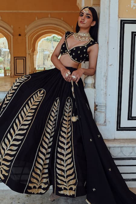 Buy_EASE_Black Silk, Viscose Patchwork, Embroidery Asymmetric Leaf Lehenga Set 