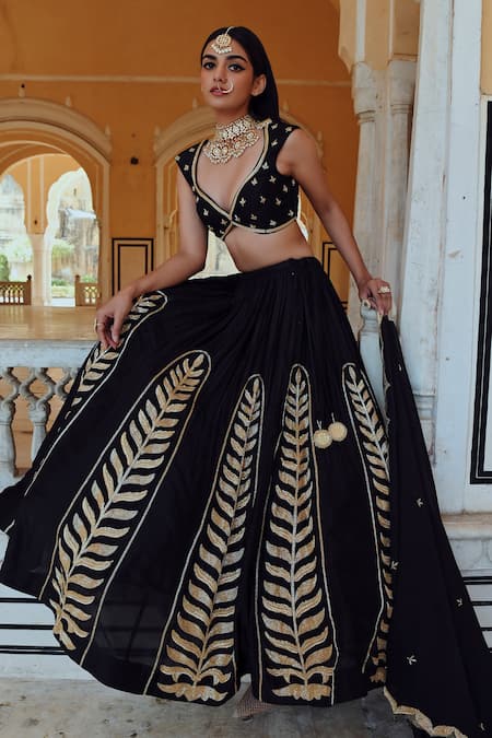 Shop_EASE_Black Silk, Viscose Patchwork, Embroidery Asymmetric Leaf Lehenga Set 