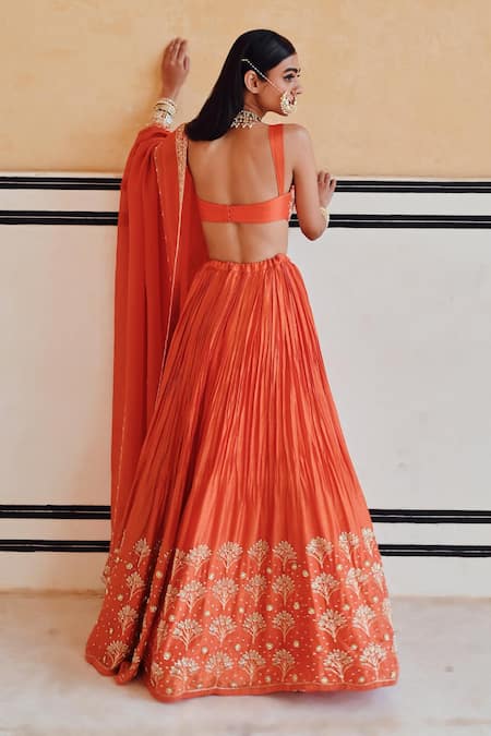 EASE Zardozi Embroidered Orange Lehenga Set 