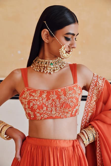 Buy_EASE_Orange Silk, Viscose, Organza Zari, Sequins, Zardozi Embroidered Lehenga Set _Online_at_Aza_Fashions