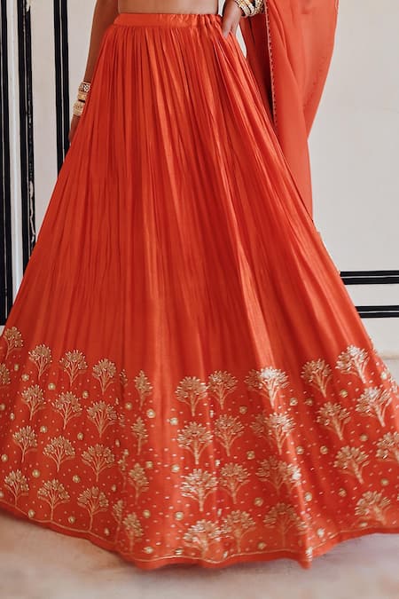 Shop_EASE_Orange Silk, Viscose, Organza Zari, Sequins, Zardozi Embroidered Lehenga Set _Online_at_Aza_Fashions