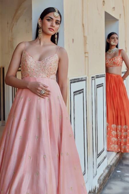 Buy_EASE_Orange Silk, Viscose, Organza Zari, Sequins, Zardozi Embroidered Lehenga Set 