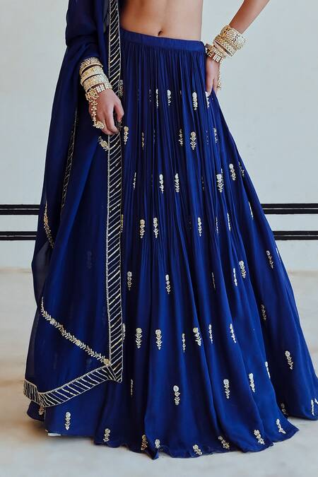 EASE_Blue Crepe, Viscose, Organza Zari, Sequins Floral Butti Embroidered Lehenga Set _Online_at_Aza_Fashions