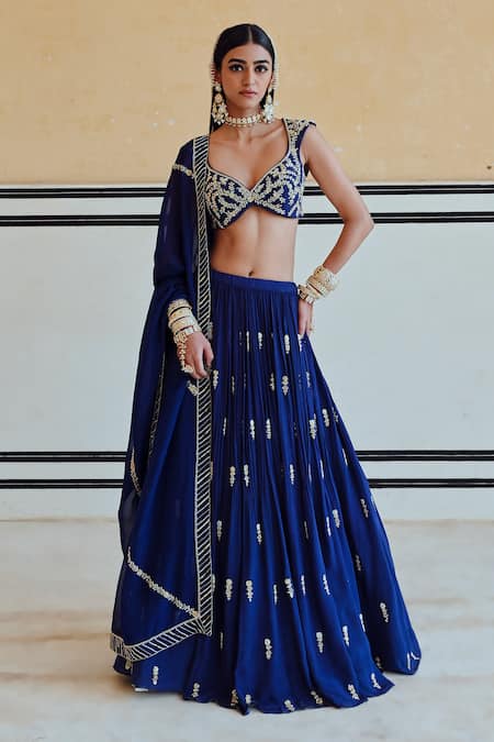 Buy_EASE_Blue Crepe, Viscose, Organza Zari, Sequins Floral Butti Embroidered Lehenga Set _Online_at_Aza_Fashions