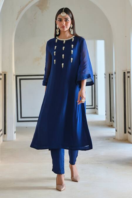 EASE_Blue Viscose, Organza, Satin Sequins, Embroidery Round A-line Kurta And Pant Set _Online_at_Aza_Fashions