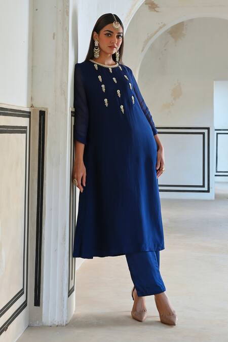 Buy_EASE_Blue Viscose, Organza, Satin Sequins, Embroidery Round A-line Kurta And Pant Set _Online_at_Aza_Fashions
