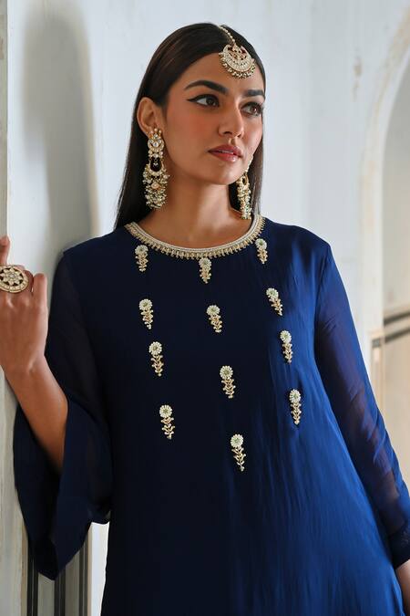 Shop_EASE_Blue Viscose, Organza, Satin Sequins, Embroidery Round A-line Kurta And Pant Set _Online_at_Aza_Fashions