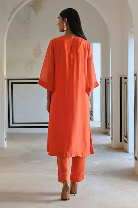 EASE Embroidered Orange A-Line Kurta & Pant Set 