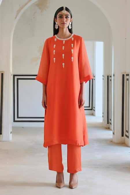 EASE_Orange Viscose, Satin Sequins, Pearls Round Embroidered A-line Kurta And Pant Set _Online_at_Aza_Fashions