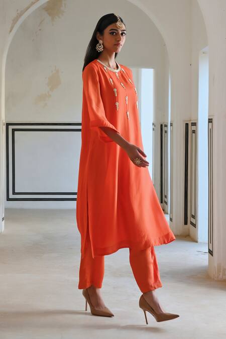 Buy_EASE_Orange Viscose, Satin Sequins, Pearls Round Embroidered A-line Kurta And Pant Set _Online_at_Aza_Fashions