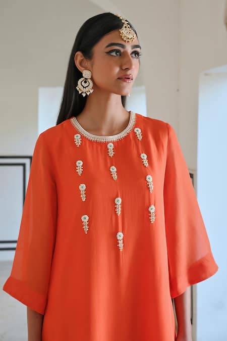 Shop_EASE_Orange Viscose, Satin Sequins, Pearls Round Embroidered A-line Kurta And Pant Set _Online_at_Aza_Fashions