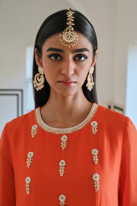 EASE_Orange Viscose, Satin Sequins, Pearls Round Embroidered A-line Kurta And Pant Set _at_Aza_Fashions