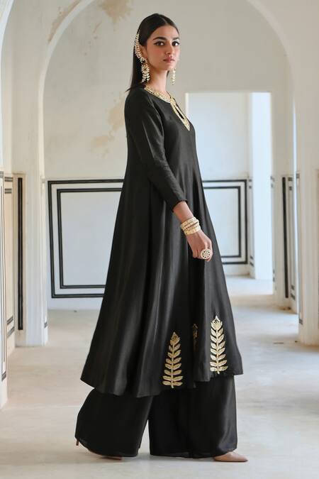 Buy_EASE_Black Silk Embroidery Round Neck Anarkali And Palazzo Set _Online_at_Aza_Fashions
