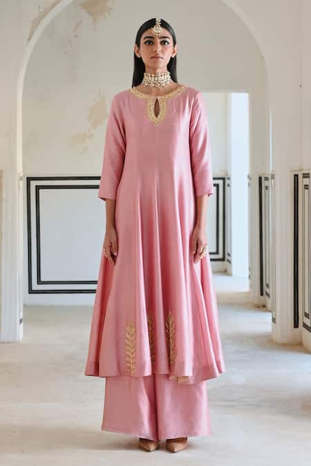 EASE_Pink Silk Embroidery Round Neck Floral Vine Anarkali Set _Online_at_Aza_Fashions