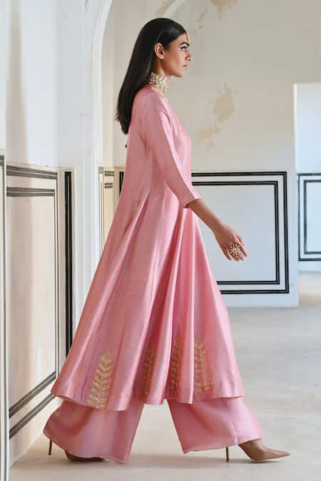 Buy_EASE_Pink Silk Embroidery Round Neck Floral Vine Anarkali Set _Online_at_Aza_Fashions