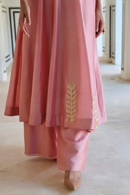 Shop_EASE_Pink Silk Embroidery Round Neck Floral Vine Anarkali Set _Online_at_Aza_Fashions
