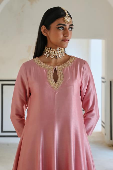 EASE_Pink Silk Embroidery Round Neck Floral Vine Anarkali Set _at_Aza_Fashions