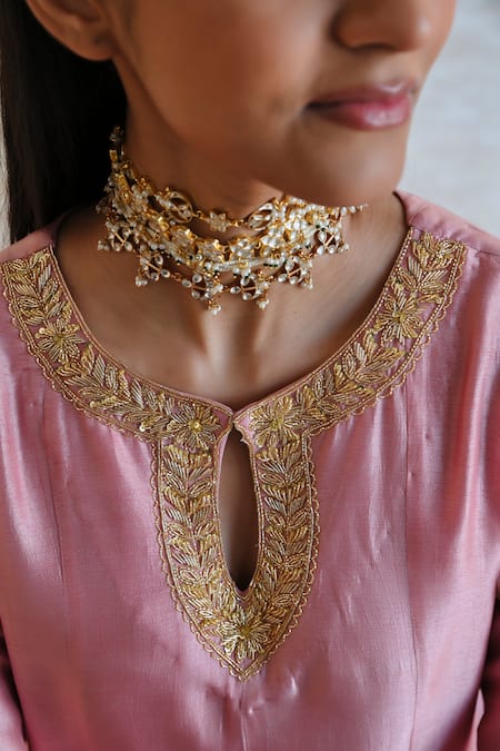 Buy_EASE_Pink Silk Embroidery Round Neck Floral Vine Anarkali Set 