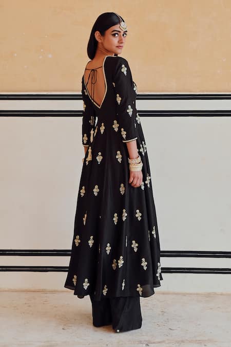 EASE Black Embroidered Anarkali Palazzo Set 