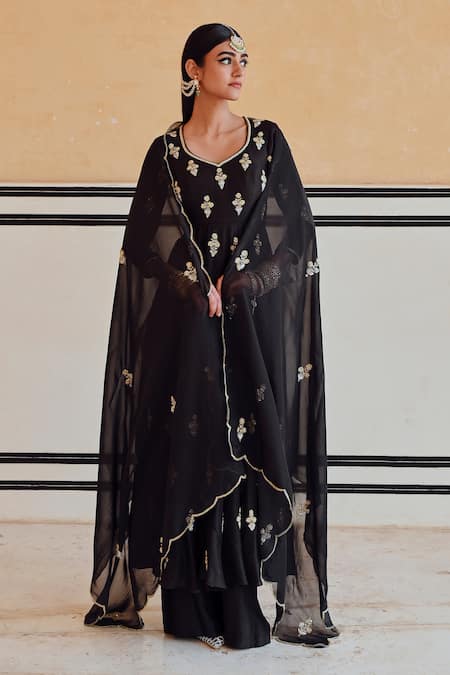 EASE Black Silk, Viscose, Organza Sequins, Embroidery Anarkali Palazzo Set Online at Aza Fashions EASE_Black Silk, Viscose, Organza Sequins, Embroidery Anarkali Palazzo Set _Online_at_Aza_Fashions