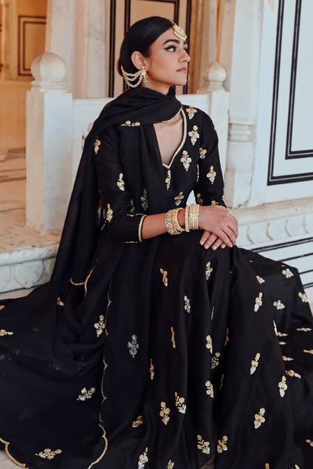 EASE Black Silk, Viscose, Organza Sequins, Embroidery Anarkali Palazzo Set at Aza Fashions EASE_Black Silk, Viscose, Organza Sequins, Embroidery Anarkali Palazzo Set _at_Aza_Fashions