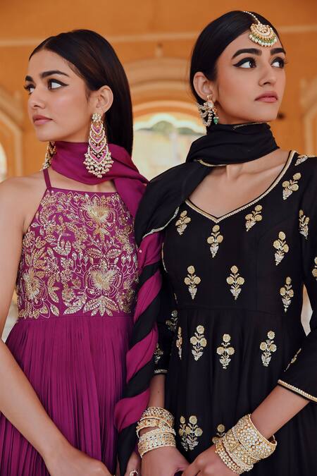 Buy EASE Black Silk, Viscose, Organza Sequins, Embroidery Anarkali Palazzo Set Buy_EASE_Black Silk, Viscose, Organza Sequins, Embroidery Anarkali Palazzo Set