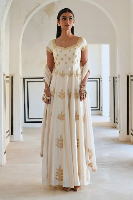 EASE Ivory Embroidered Anarkali Set With Dupatta 