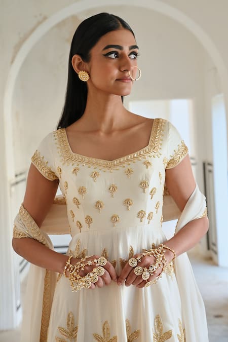 EASE_Ivory Silk, Viscose, Organza Embroidery, Sequins Anarkali Set With Dupatta _Online_at_Aza_Fashions