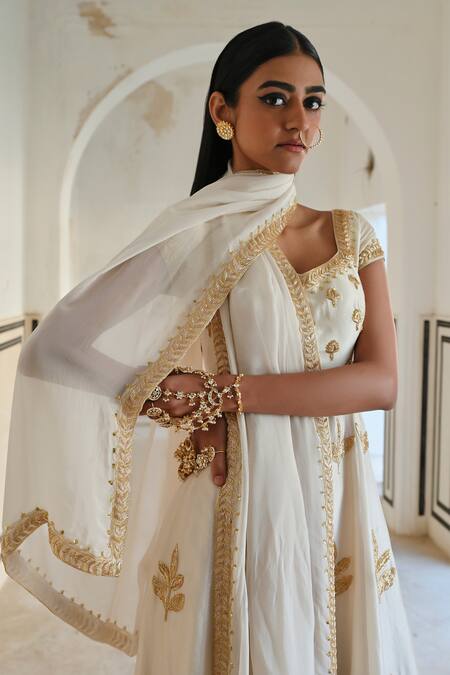 Buy_EASE_Ivory Silk, Viscose, Organza Embroidery, Sequins Anarkali Set With Dupatta _Online_at_Aza_Fashions