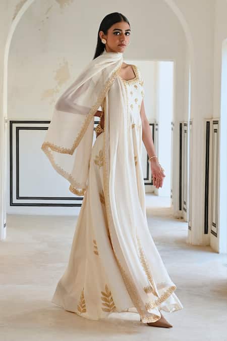 EASE_Ivory Silk, Viscose, Organza Embroidery, Sequins Anarkali Set With Dupatta _at_Aza_Fashions