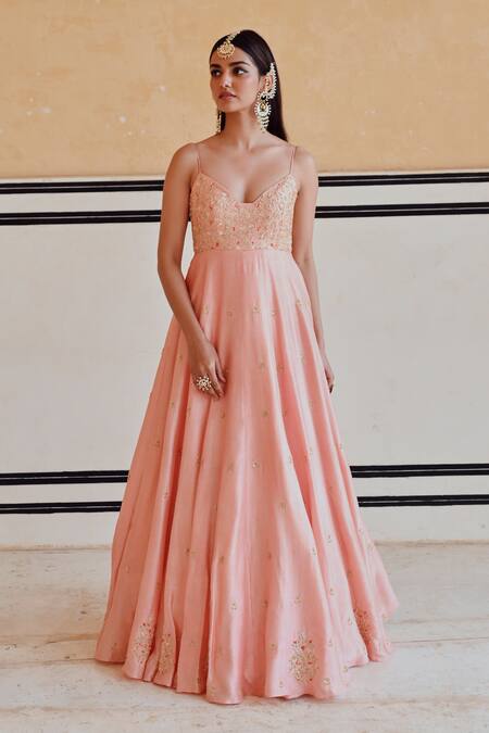 EASE_Peach Silk, Viscose, Organza Sequins, Embroidery Anarkali Set With Dupatta _Online_at_Aza_Fashions