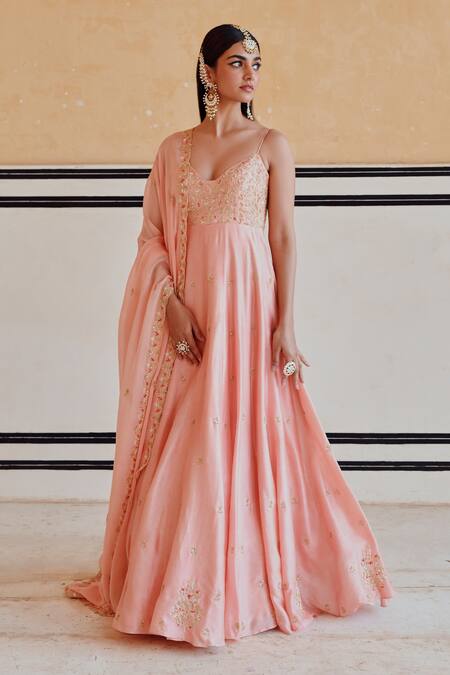 Buy_EASE_Peach Silk, Viscose, Organza Sequins, Embroidery Anarkali Set With Dupatta _Online_at_Aza_Fashions