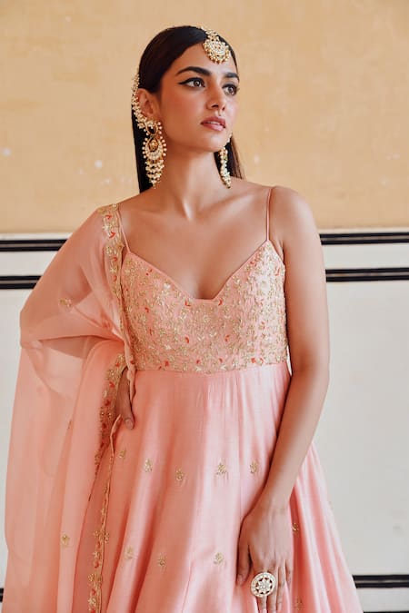 Shop_EASE_Peach Silk, Viscose, Organza Sequins, Embroidery Anarkali Set With Dupatta _Online_at_Aza_Fashions