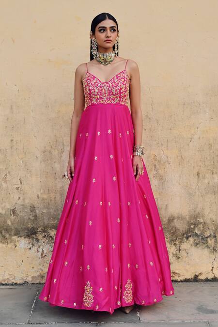 EASE_Pink Silk, Viscose Sequins, Embroidery V-neck Floral Anarkali Set _Online_at_Aza_Fashions